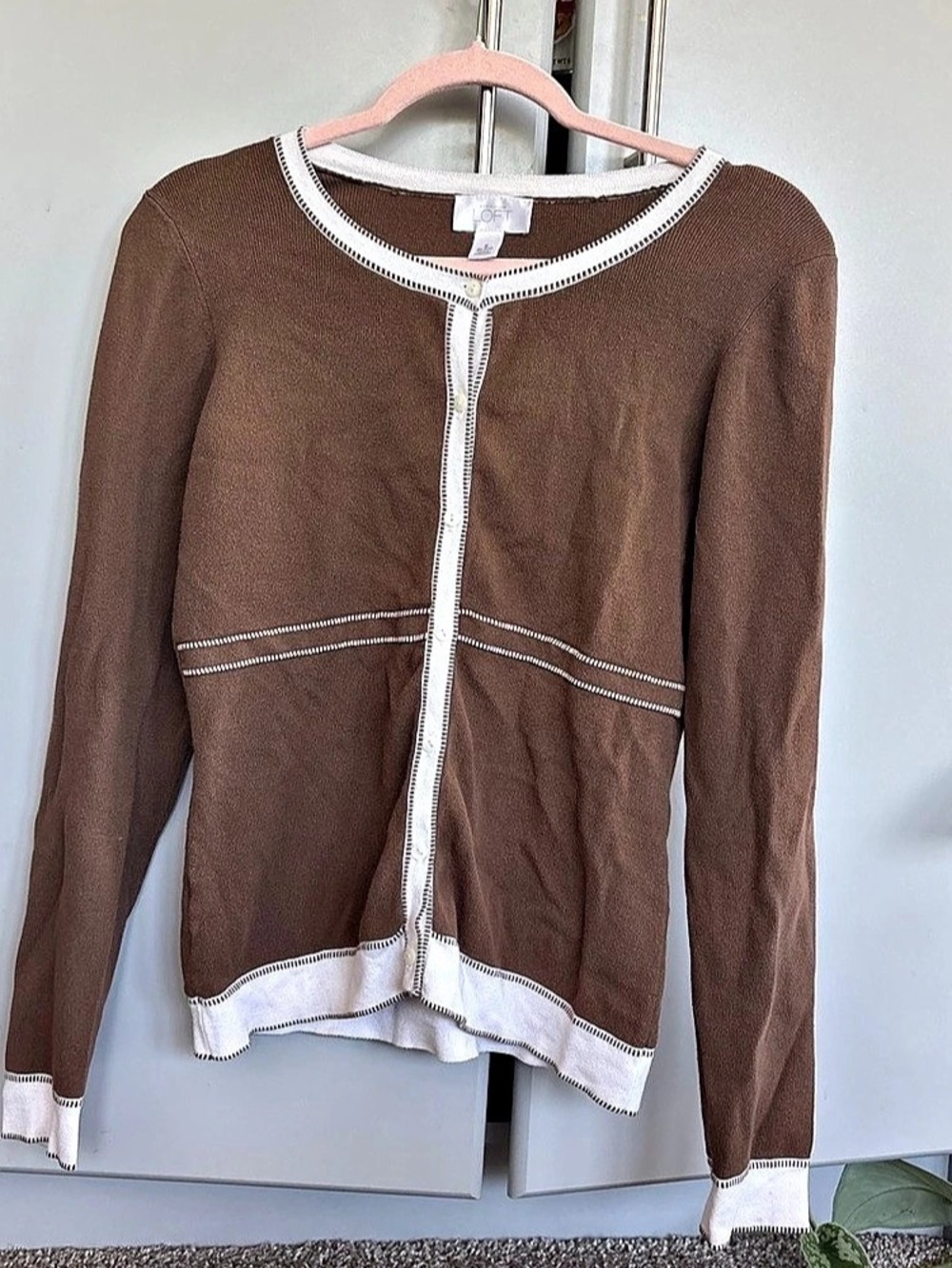 LOFT Brown & White Trim Cardigan Size Small